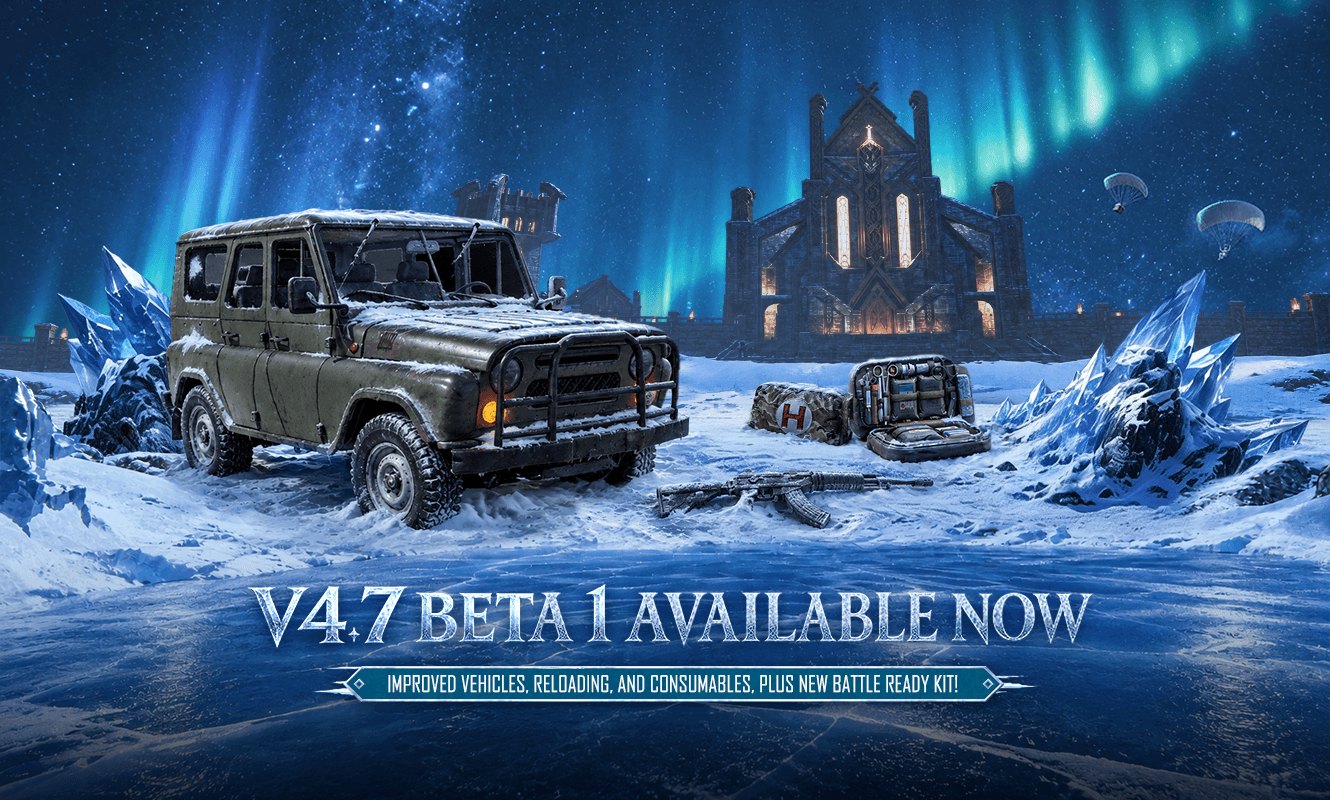 V4.7 Beta 1 key visual: UAZ, crates and a Nordic hall in the snow